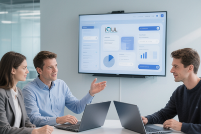 Ein Beratungsgespräch im Konferenzbereich von IQUL in Bergisch Gladbach. Zu sehen ist ein Mitarbeiter mit einem Whiteboard, der einen informativen Austausch über die Prüfungsprozesse von Bildungseinrichtungen führt, die E-Prüfungen einführen möchten.
