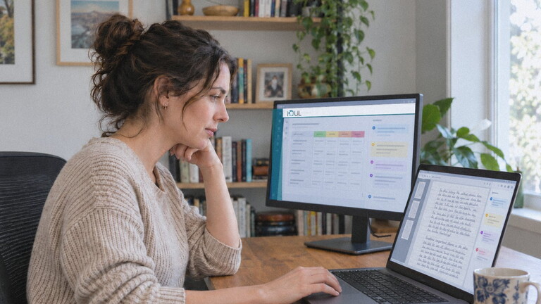 Lehrkraft korrigiert eine gescannte, handschriftliche Abiturarbeit digital am Laptop, auf dem zweiten Bildschirm das Bewertungsraster in Q-Exam®
