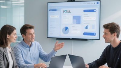 Ein Beratungsgespräch im Konferenzbereich von IQUL in Bergisch Gladbach. Zu sehen ist ein Mitarbeiter mit einem Whiteboard, der einen informativen Austausch über die Prüfungsprozesse von Bildungseinrichtungen führt, die E-Prüfungen einführen möchten.